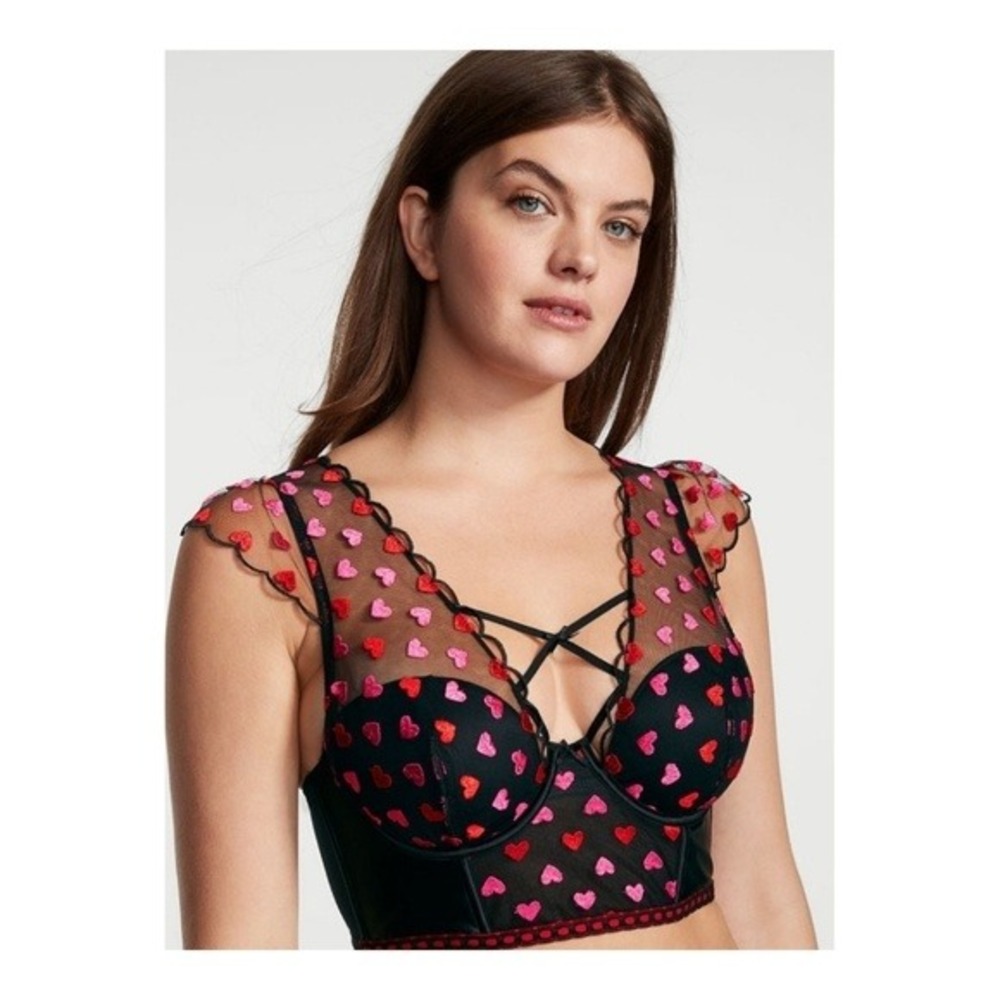 Victoria's Secret Bustier Top Dream Angel Heart Mesh M-DD Black Pink Lingerie